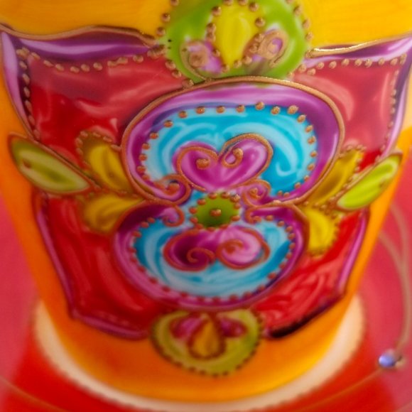 Artistic Porcelain Coffee Mug & Saucer Set, Whimsical Orange-Red Mug-Rhinestones - Picture 13 of 14